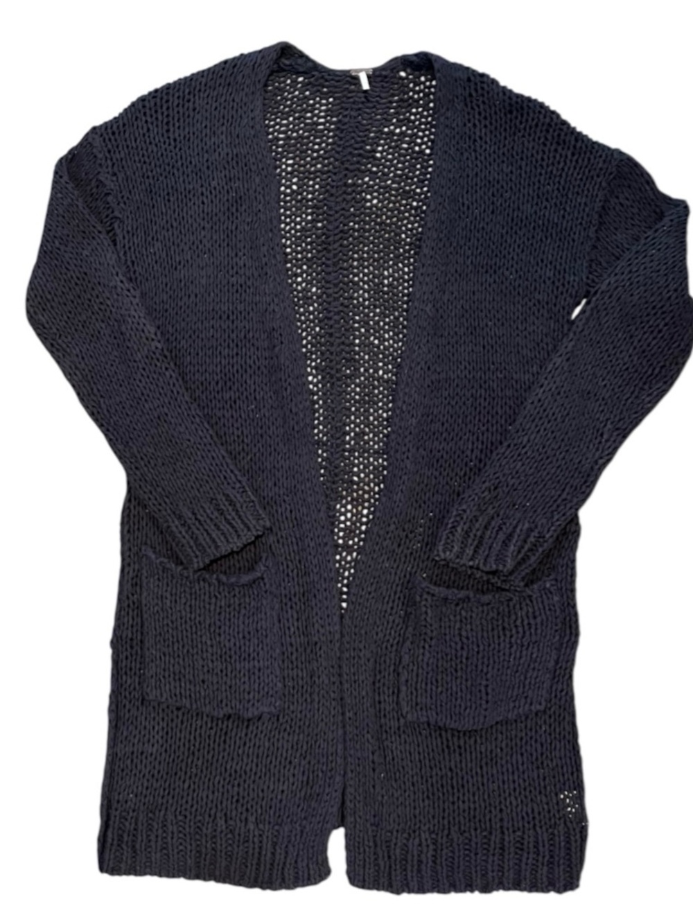 Free People Long Chunky Open Knit Cardigan Sweater Navy Blue Cotton Large